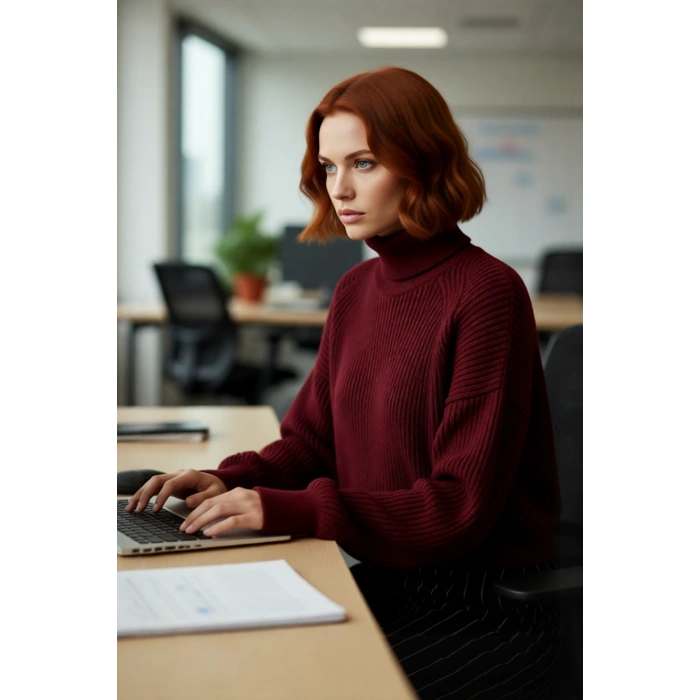 Kadın Oversize Fitilli Bordo Balıkçı Yaka Uzun Reglan Kollu Crop Akrilik Triko Kazak Kaliteli