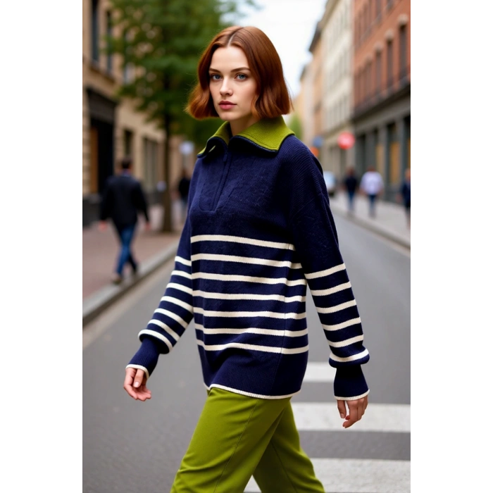 Kadın Oversize Geniş Kalıp Çizgili Yarım Fermuarlı Devrik Yaka Triko Kazak Soğuklara Özel Kaliteli