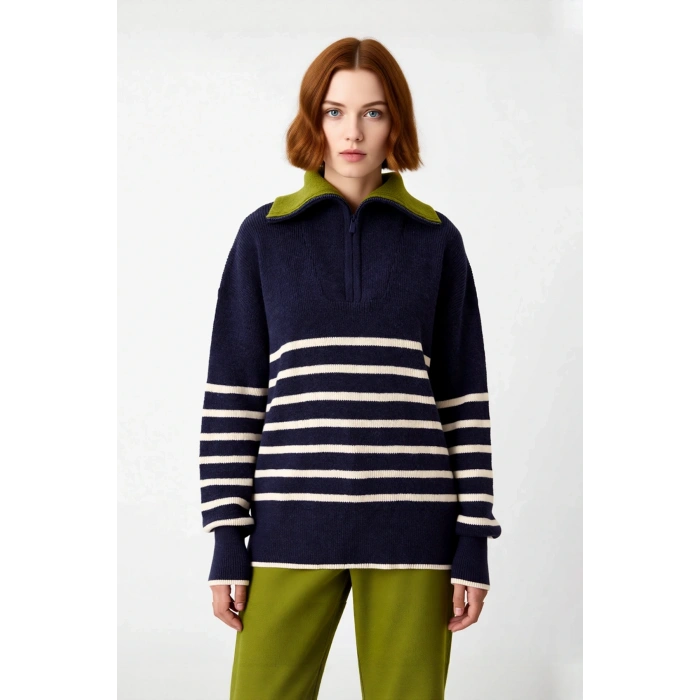 Kadın Oversize Geniş Kalıp Çizgili Yarım Fermuarlı Devrik Yaka Triko Kazak Soğuklara Özel Kaliteli