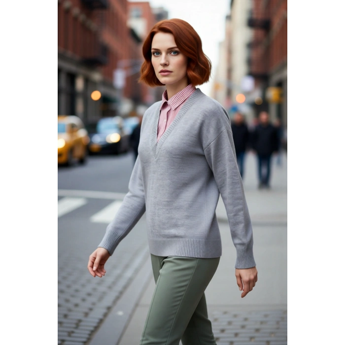 Kadın Oversize Gömlek Yaka Detaylı Triko Kazak Gün Boyu Şıklık ve Konfor Sunan İdeal Tasarım