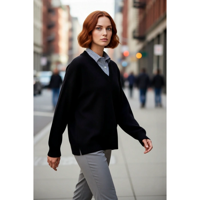 Kadın Oversize Gömlek Yaka Detaylı Triko Kazak Gün Boyu Şıklık ve Konfor Sunan İdeal Tasarım