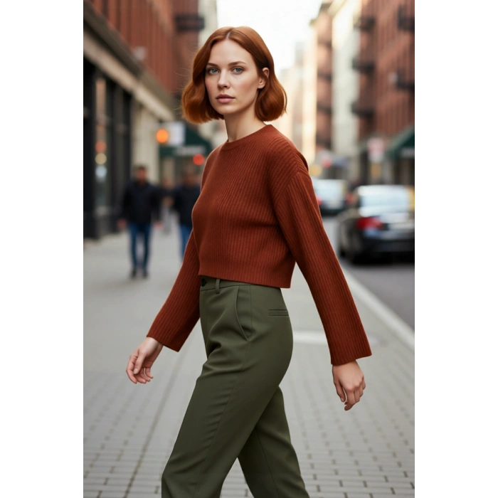 Kadın Oversize Gri Akrilik Selanik Dokuma Super Crop İspanyol Kol Triko Kazak Günlük Stilinize