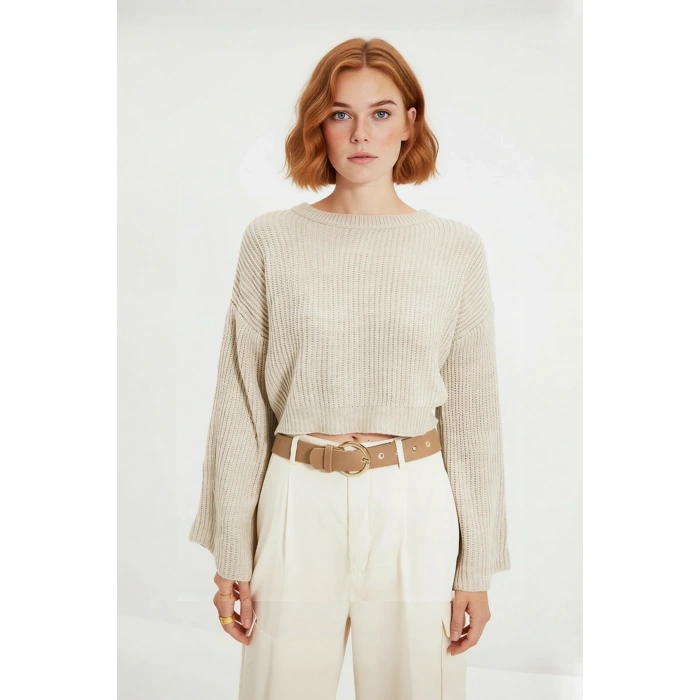 Kadın Oversize Gri Akrilik Selanik Dokuma Super Crop İspanyol Kol Triko Kazak Günlük Stilinize