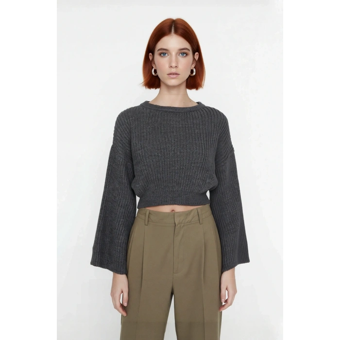 Kadın Oversize Gri Akrilik Selanik Dokuma Super Crop İspanyol Kol Triko Kazak Günlük Stilinize