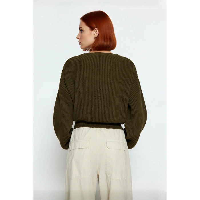 Kadın Oversize Gri Akrilik Selanik Dokuma Super Crop İspanyol Kol Triko Kazak Günlük Stilinize