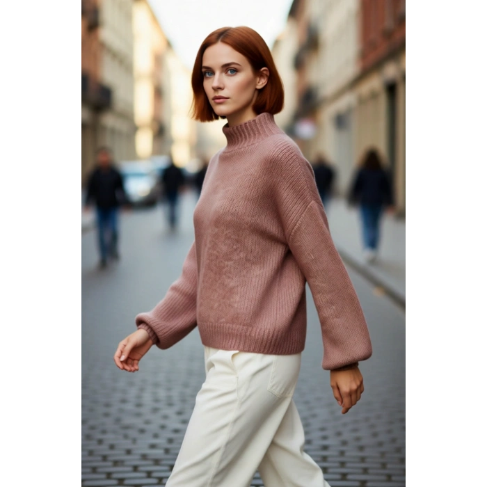 Kadın Oversize Kalın Dik Yaka Triko Kazak Kışlık Soğuk Havalarda Konforlu Günlük Stil Kaliteli