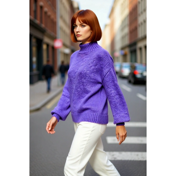 Kadın Oversize Kalın Dik Yaka Triko Kazak Kışlık Soğuk Havalarda Konforlu Günlük Stil Kaliteli