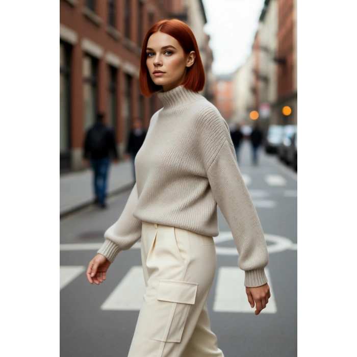 Kadın Oversize Kalın Dik Yaka Triko Kazak Kışlık Soğuk Havalarda Konforlu Günlük Stil Kaliteli