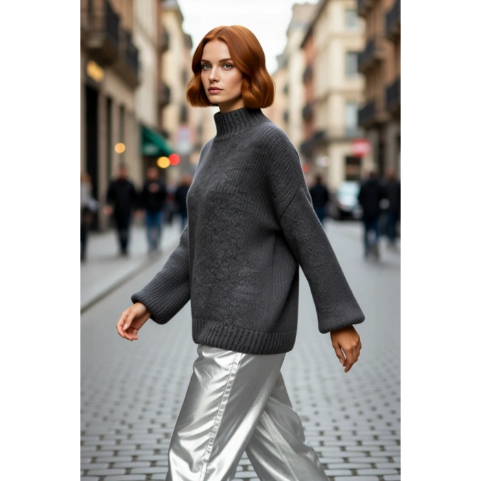 Kadın Oversize Kalın Dik Yaka Triko Kazak Kışlık Soğuk Havalarda Konforlu Günlük Stil Kaliteli