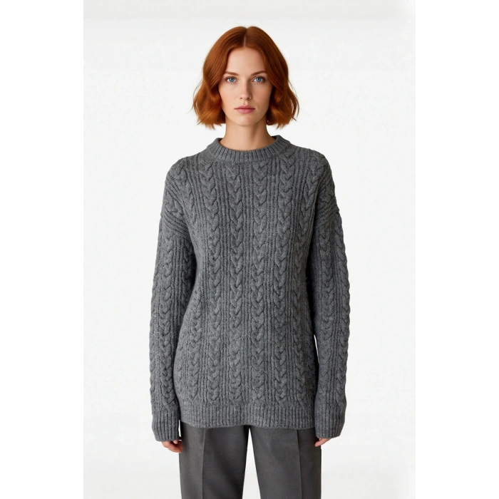 Kadın Oversize Kalın Saç Örgü Desenli Bisiklet Yaka Düşük Kol Uzun Boy Triko Kazak Kışlık Kaliteli