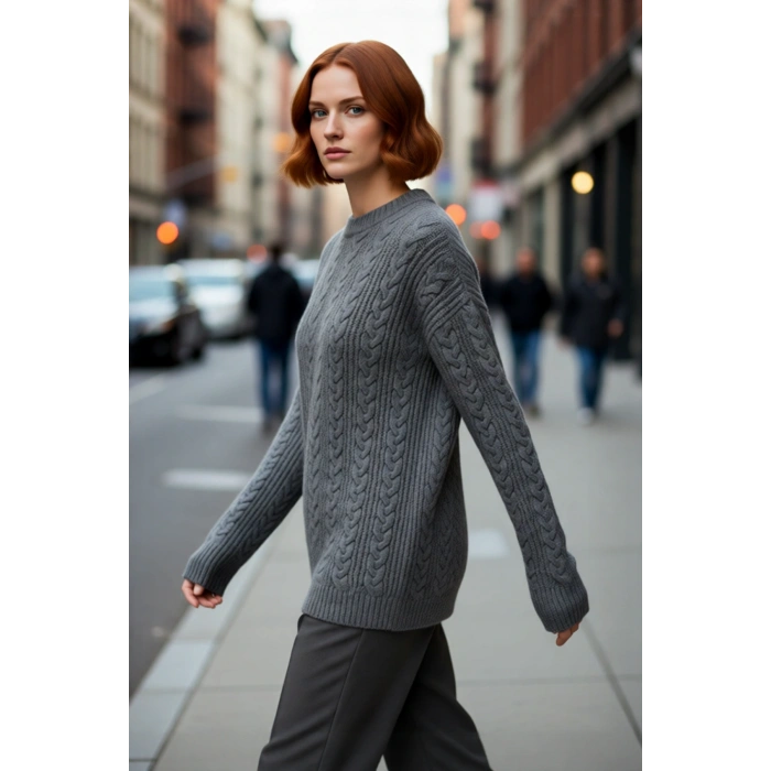 Kadın Oversize Kalın Saç Örgü Desenli Bisiklet Yaka Düşük Kol Uzun Boy Triko Kazak Kışlık Kaliteli