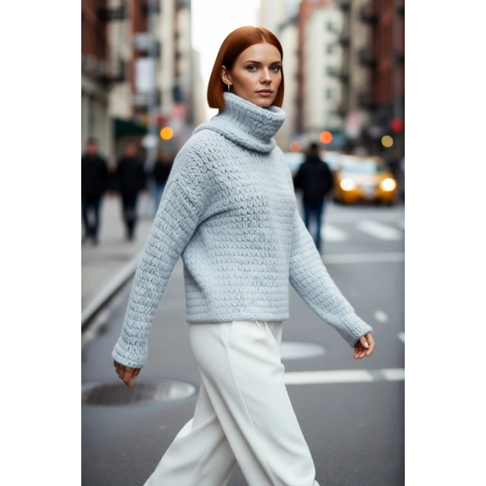 Kadın Oversize Kalın Selanik Dokulu Balıkçı Yaka Triko Kazak Günlük Rahat Şık Kombinler İçin İdeal