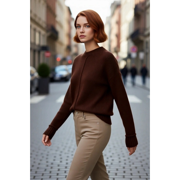 Kadın Oversize Kalın Triko Kazak Düşük Kol Bisiklet Yaka Düz Desen Gri Modern Şık Kışlık Kaliteli