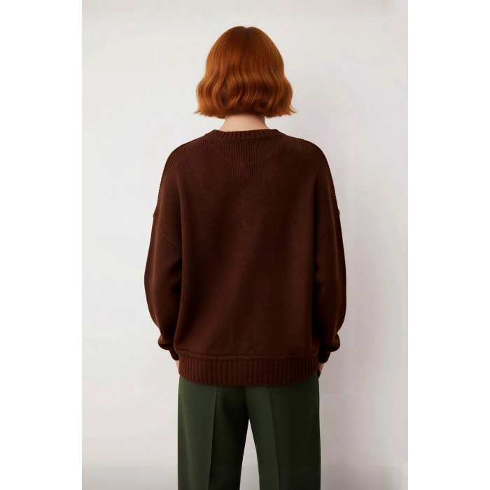 Kadın Oversize Kalın Triko Kazak Düşük Kol Bisiklet Yaka Düz Desen Gri Modern Şık Kışlık Kaliteli