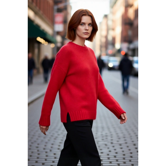 Kadın Oversize Kalın Triko Kazak Düşük Kol Bisiklet Yaka Uzun Boy Rahat Günlük Kombinler İçin