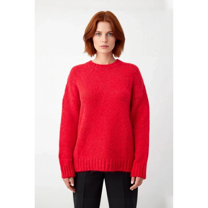 Kadın Oversize Kalın Triko Kazak Düşük Kol Bisiklet Yaka Uzun Boy Rahat Günlük Kombinler İçin