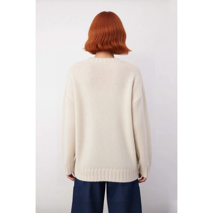 Kadın Oversize Kalın Triko Kazak Düşük Kol Bisiklet Yaka Uzun Boy Rahat Günlük Kombinler İçin