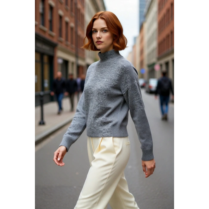 Kadın Oversize Kalın Triko Kazak Gri Rengi ve Dik Yaka Tasarımıyla Kış Kombinlerinin Yıldızı