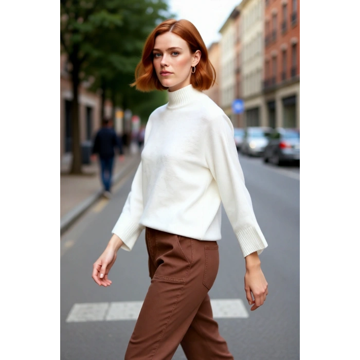 Kadın Oversize Kalıp Dik Yaka Düz Triko Kazak Düşük Kol Detaylı Kışlık Şık Günlük Kombinler İçin