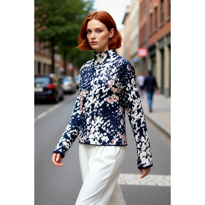 Kadın Oversize Kalıp Dik Yaka Hayvan Desenli Düşük Kollu Akrilik Triko Kazak Kış Modası. Kaliteli