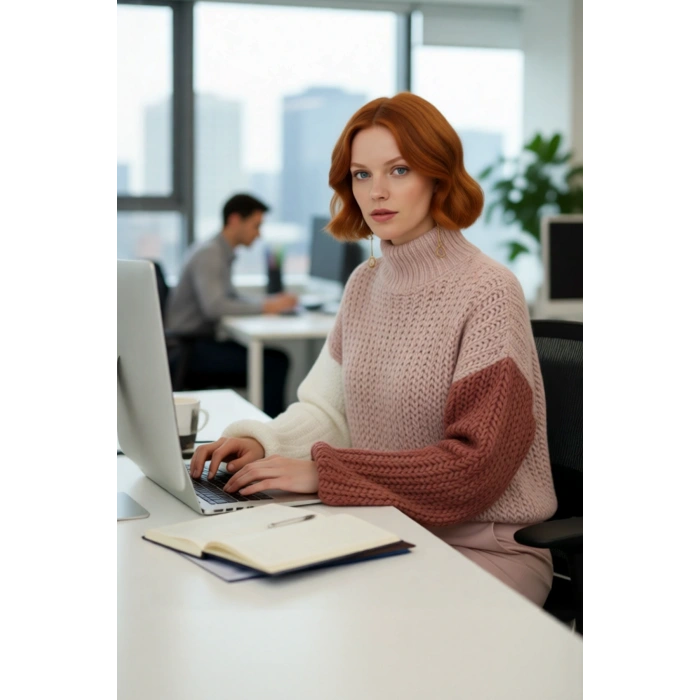 Kadın Oversize Kalıp Dik Yaka Renk Bloklu Balon Kol Triko Kazak Soğuk Havalar İçin Şık Ve Rahat