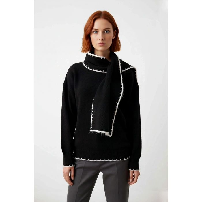 Kadın Oversize Kalıp Dik Yaka Triko Kazak Şal Aksesuarı İle Kış Stilinizi Tamamlayın Kaliteli