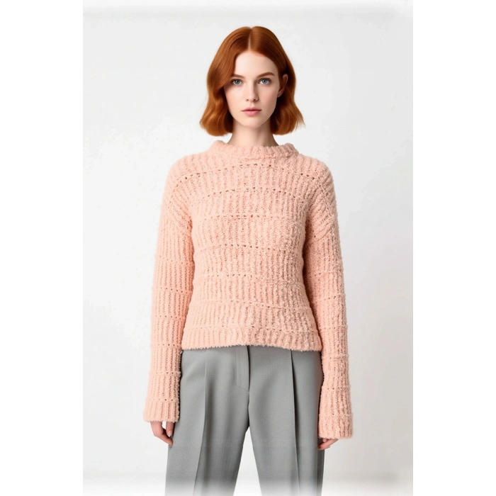 Kadın Oversize Kalıp Dokulu Triko Kazak Düşük Kollu Kalın Kışlık Rahat Bisiklet Yaka Regular Boy