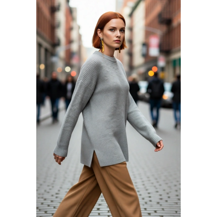 Kadın Oversize Kalıp Düşük Kol Bisiklet Yaka Triko Kazak Basic Rahat Kışlık Stil Seçimi Kaliteli