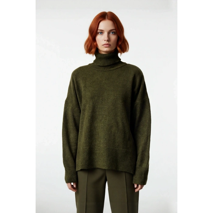 Kadın Oversize Kalıp Düz Balıkçı Yaka Triko Kazak Uzun Düşük Kol Günlük Basic Giyim Şıklığı