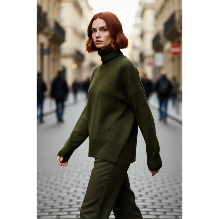 Kadın Oversize Kalıp Düz Balıkçı Yaka Triko Kazak Uzun Düşük Kol Günlük Basic Giyim Şıklığı