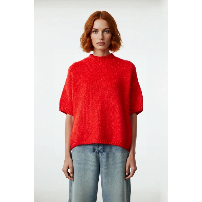 Kadın Oversize Kesim Dik Yaka Kalın Dokulu Düz Desen Kısa Kollu Triko Kazak İlkbahar Sonbahar