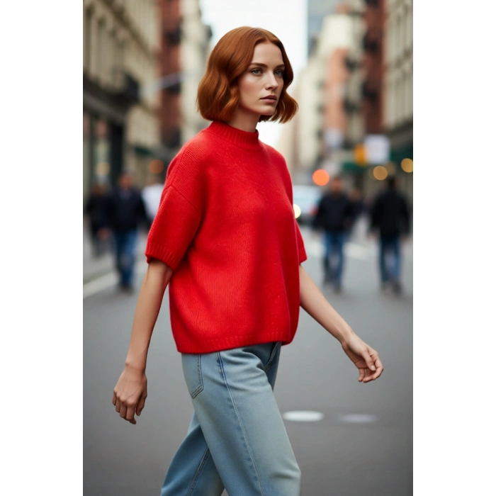 Kadın Oversize Kesim Dik Yaka Kalın Dokulu Triko Kazak Kısa Kollu Rahat İlkbahar Sonbahar Giysisi