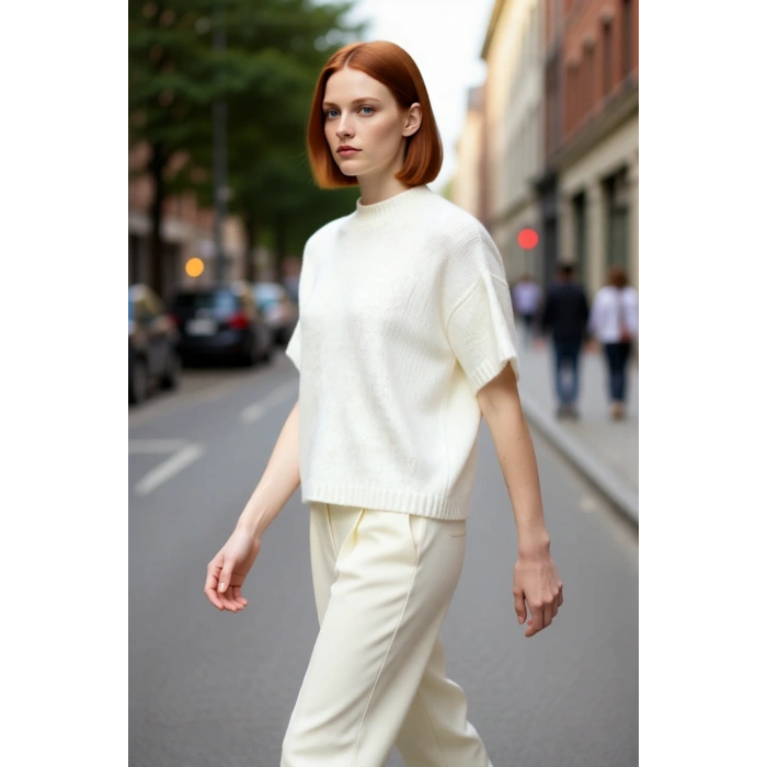 Kadın Oversize Kesim Dik Yaka Kalın Dokulu Triko Kazak Kısa Kollu Rahat İlkbahar Sonbahar Giysisi