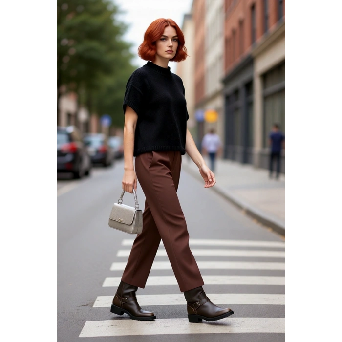 Kadın Oversize Kesim Dik Yaka Kalın Dokulu Triko Kazak Kısa Kollu Rahat İlkbahar Sonbahar Giysisi