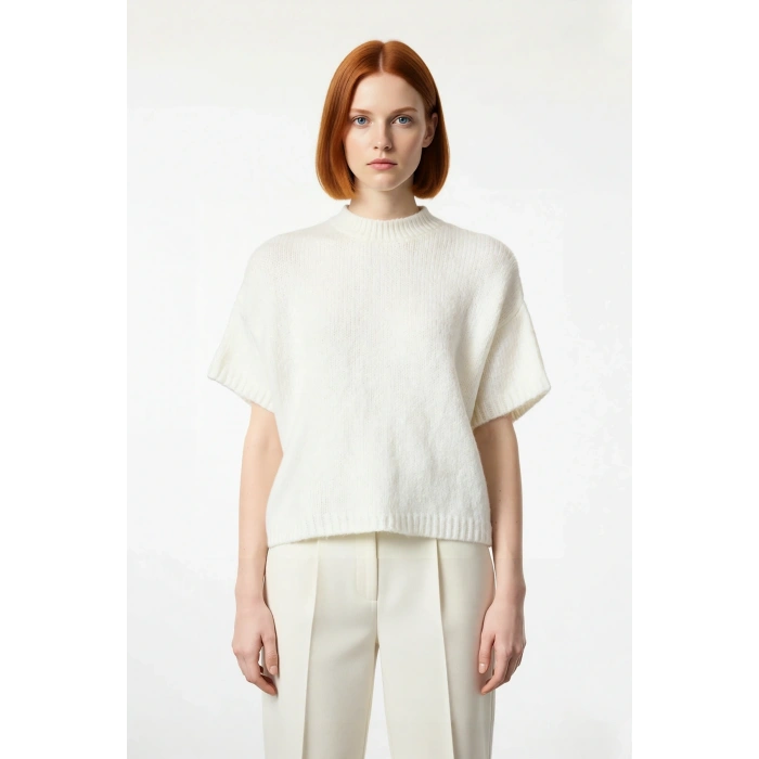 Kadın Oversize Kesim Dik Yaka Kalın Dokulu Triko Kazak Kısa Kollu Rahat İlkbahar Sonbahar Giysisi