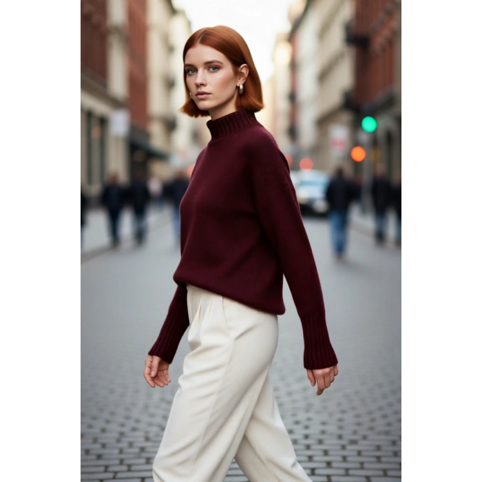 Kadın Oversize Kesim Dik Yaka Reglan Kol Düz Gri Triko Kazak Kışlık Günlük Giyim İçin İdeal Seçim