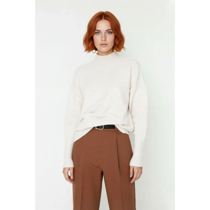 Kadın Oversize Kesim Dik Yaka Reglan Kol Düz Gri Triko Kazak Kışlık Günlük Giyim İçin İdeal Seçim