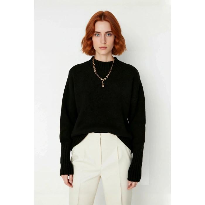 Kadın Oversize Kesim Dik Yaka Reglan Kol Düz Gri Triko Kazak Kışlık Günlük Giyim İçin İdeal Seçim