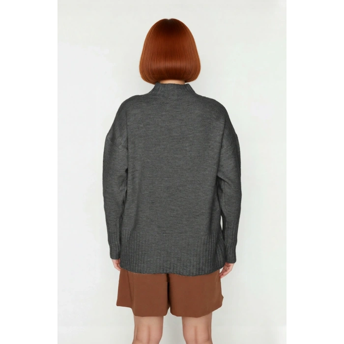 Kadın Oversize Kesim Dik Yaka Reglan Kol Düz Gri Triko Kazak Kışlık Günlük Giyim İçin İdeal Seçim