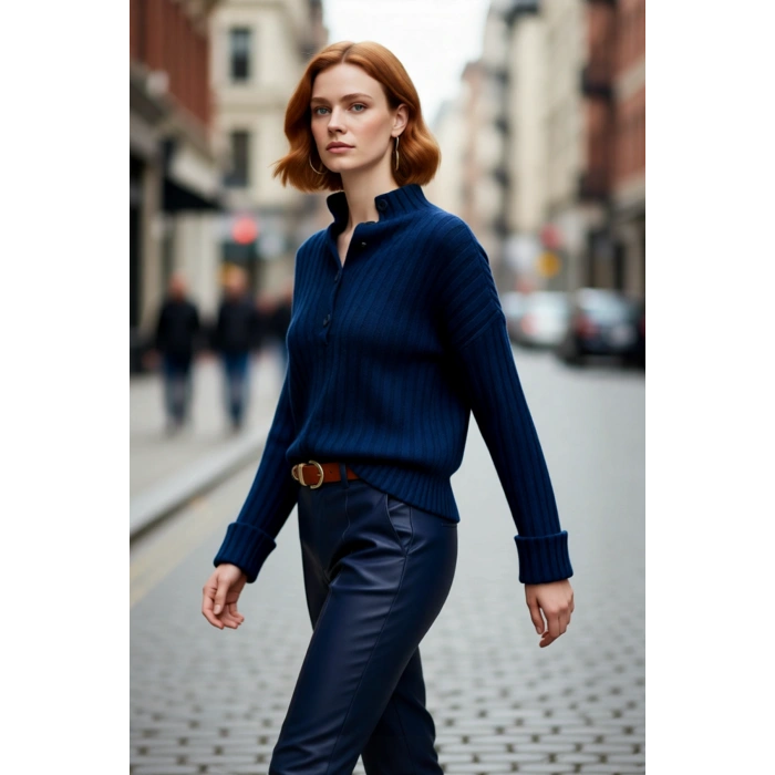 Kadın Oversize Kesim Düşük Kol Dik Yaka Fitilli Triko Kazak Kışlık Rahat ve Şık Günlük Kombinler