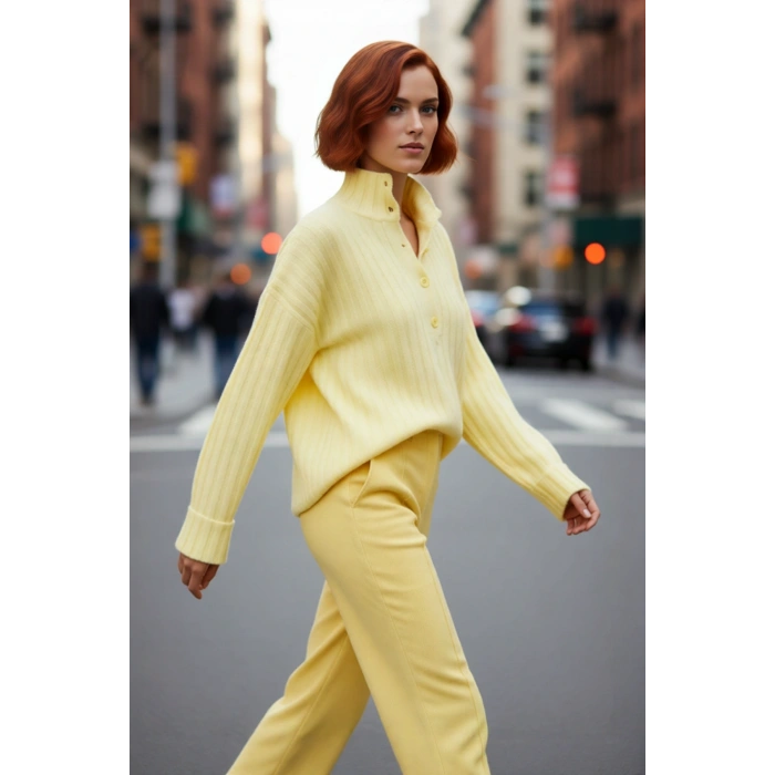 Kadın Oversize Kesim Düşük Kol Dik Yaka Fitilli Triko Kazak Kışlık Rahat ve Şık Günlük Kombinler