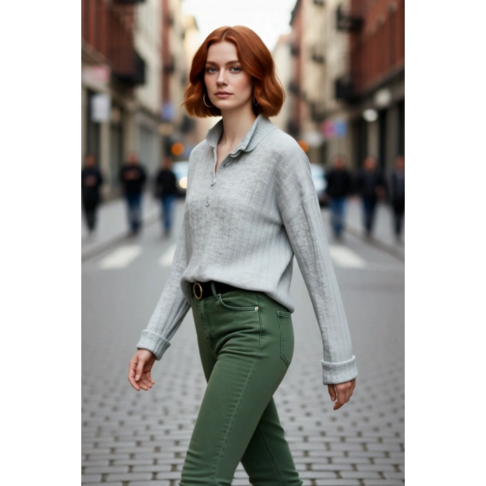 Kadın Oversize Kesim Düşük Kol Dik Yaka Fitilli Triko Kazak Kışlık Rahat ve Şık Günlük Kombinler