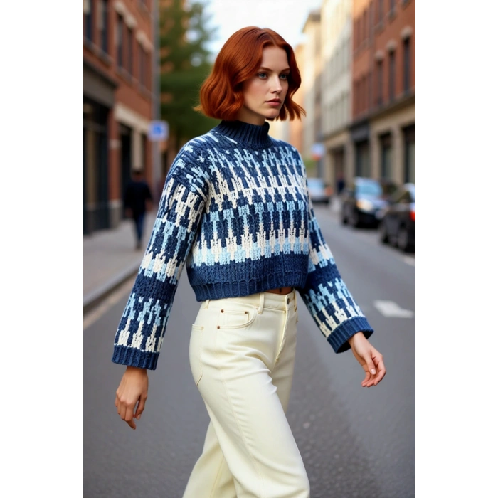 Kadın Oversize Kesim Etnik Desenli Uzun Kollu Crop Triko Kazak Soğuk Günler İçin İdeal Kaliteli