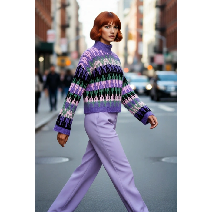 Kadın Oversize Kesim Etnik Desenli Uzun Kollu Crop Triko Kazak Soğuk Günler İçin İdeal Kaliteli