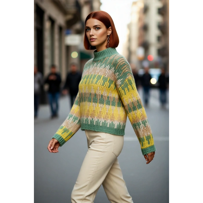 Kadın Oversize Kesim Etnik Desenli Uzun Kollu Crop Triko Kazak Soğuk Günler İçin İdeal Kaliteli