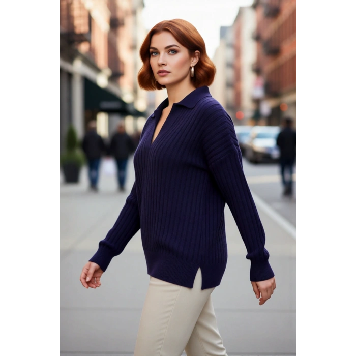 Kadın Oversize Kesim Fitilli Polo Yaka Triko Kazak Kış Sezonu İçin Yeni Favoriniz Olacak Kaliteli