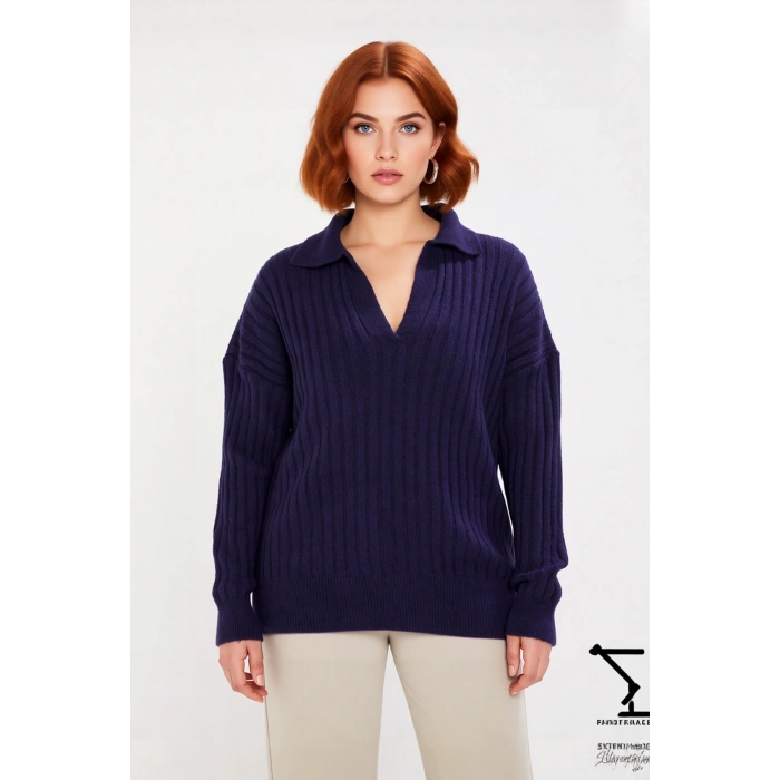 Kadın Oversize Kesim Fitilli Polo Yaka Triko Kazak Kış Sezonu İçin Yeni Favoriniz Olacak Kaliteli