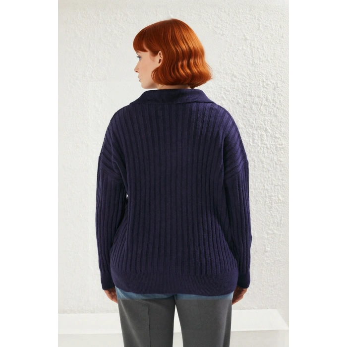 Kadın Oversize Kesim Fitilli Polo Yaka Triko Kazak Kış Sezonu İçin Yeni Favoriniz Olacak Kaliteli