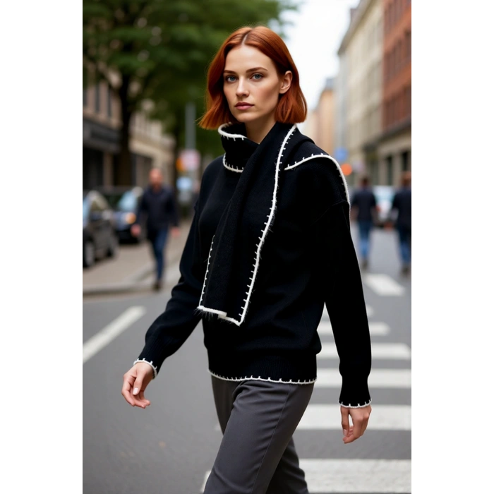 Kadın Oversize Kesim Şal Detaylı Dik Yaka Triko Kazak Kış Günleri İçin İdeal Şıklık Sunar Kaliteli