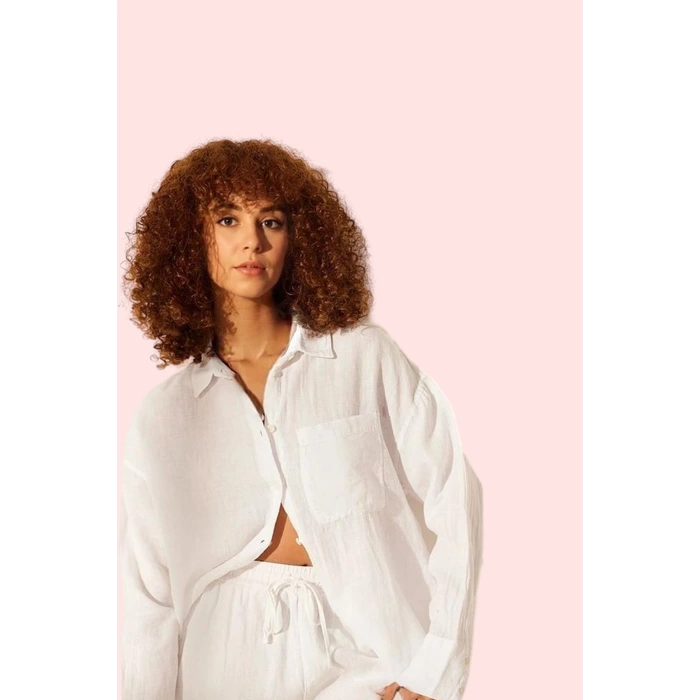 Kadın Oversize Keten Gömlek Düz Desen Günlük Kullanım Yazlık Hafta Sonu Yaz Aylarının Vazgeçilmezi